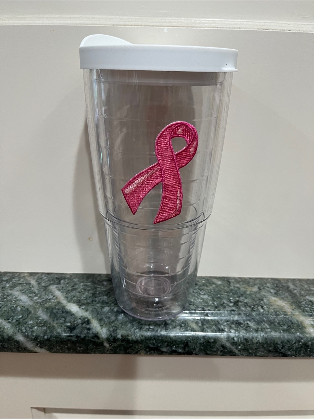 Tervis Clear Travel Tumbler with Pink Awareness Ribbon and White Lid